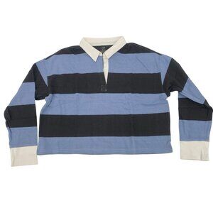Aerie Size M Blue and Gray Striped Rugby Cropped Polo Shirt Long Sleeve NWT